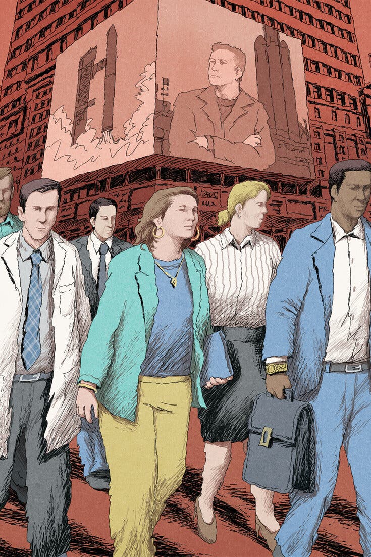 An illustration shows people in the foreground walking down a street. In the background, on a billboard, is a man crossing his arms and a rocket taking off.