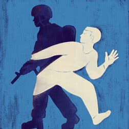 An illustration of a soldier with a gun, and a white shadow figure moving away.